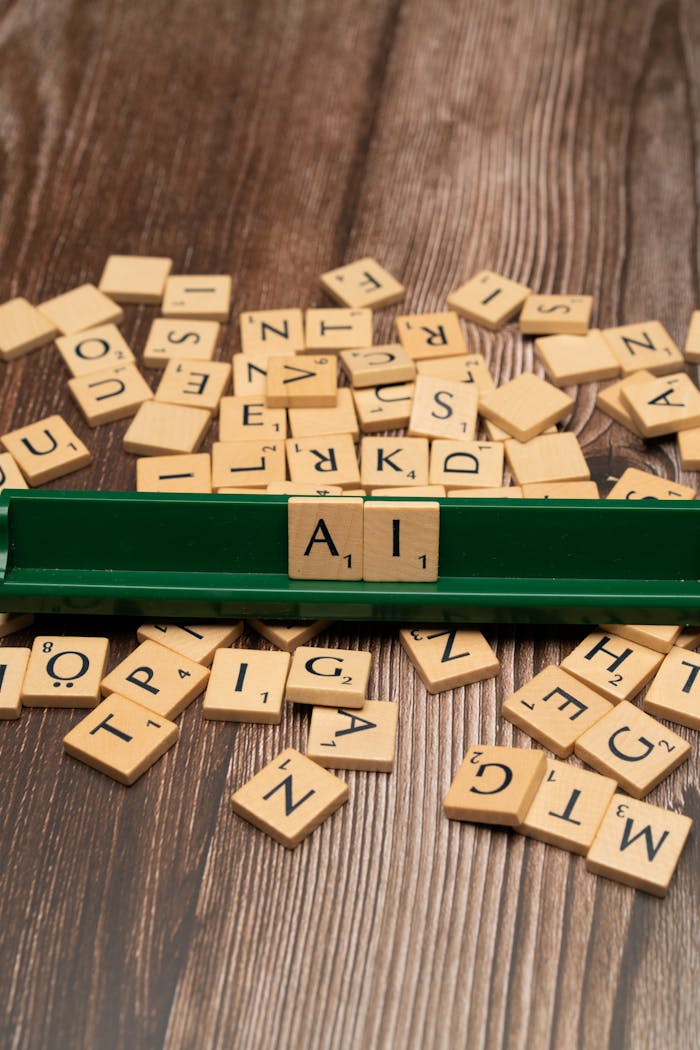 why-choose-us Scrabble tiles spelling 'AI' on a wooden surface symbolize artificial intelligence technology.